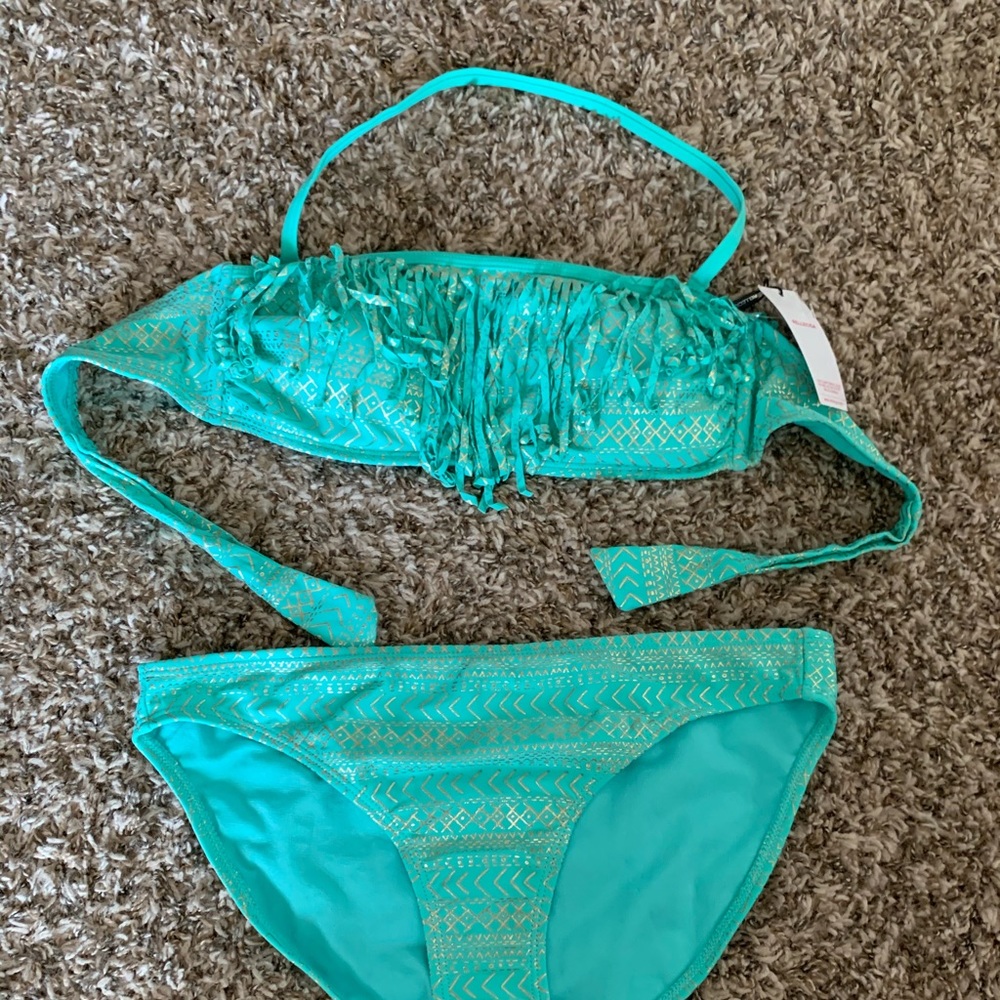 Mint/gold fringe swimsuit